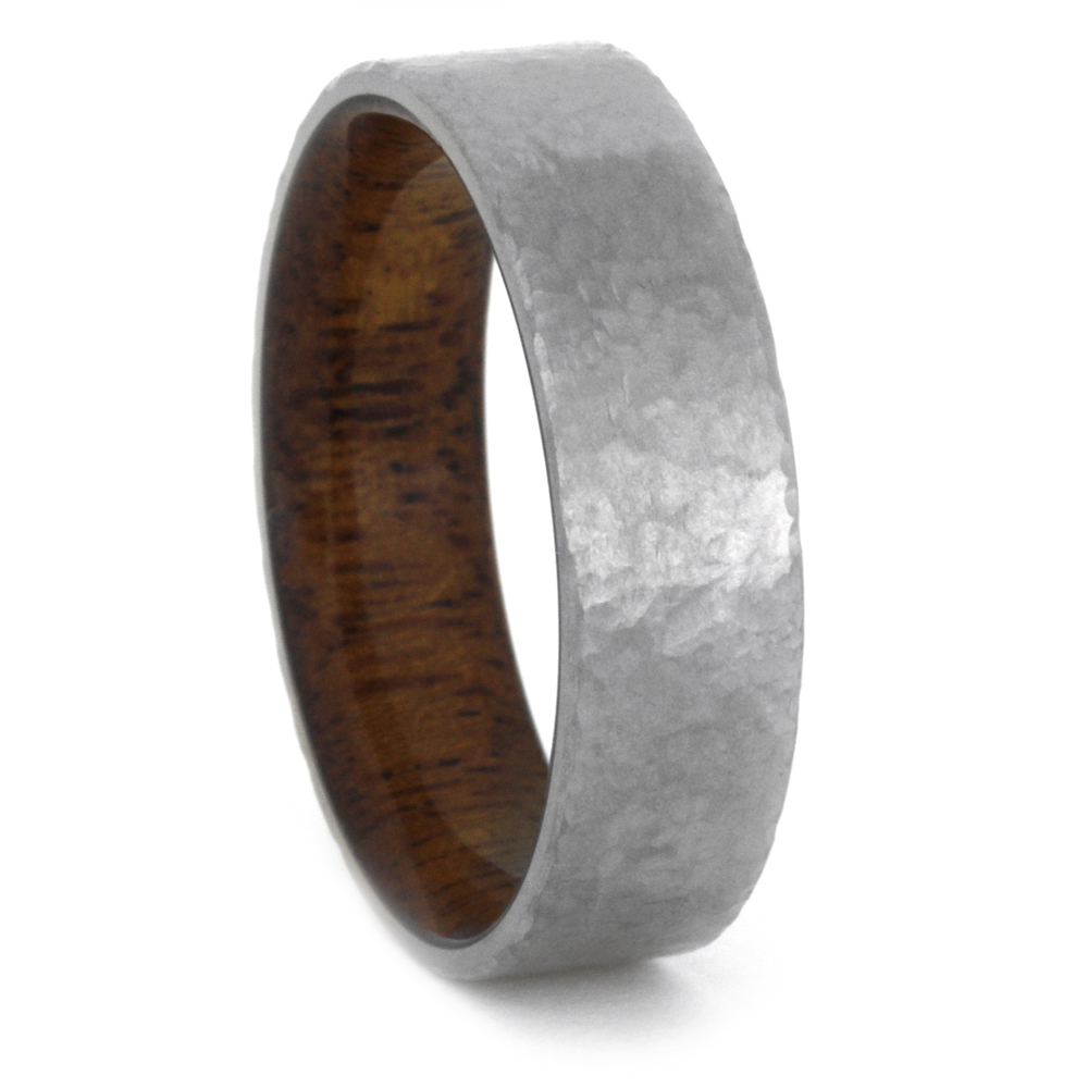 Mahogany Wood Sleeve with Hammered Finish Overlay Titanium 7mm Comfort-Fit Wedding Band.