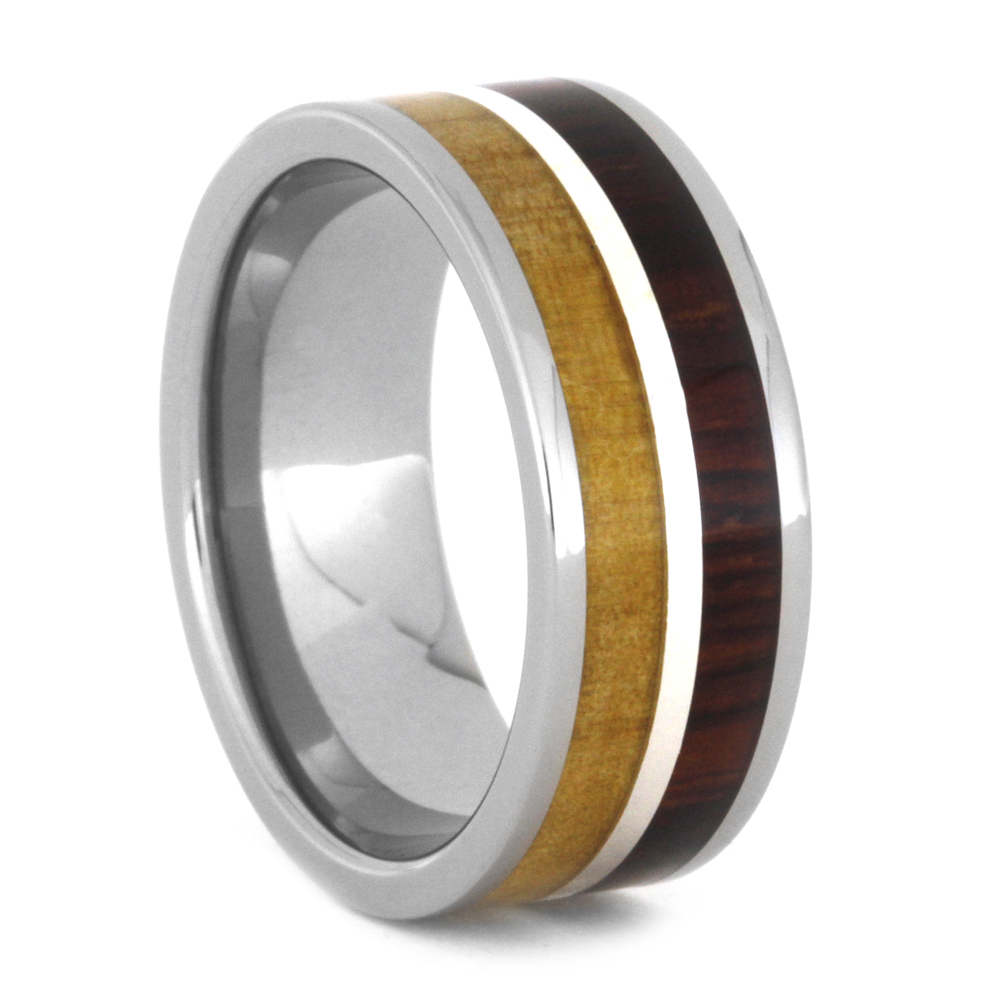 Cocobolo Wood with Birch Wood Inlays has Sterling Silver 8mm Comfort-Fit Titanium Wedding Band.