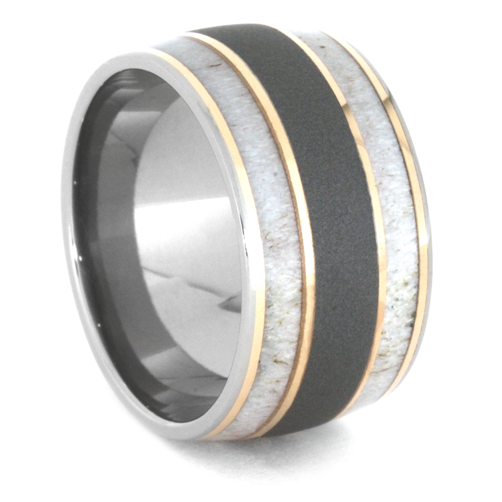 Deer Antler Inlays with 14k Rose Gold 9mm Comfort-Fit Polished Sandblasted Titanium Wedding Band.