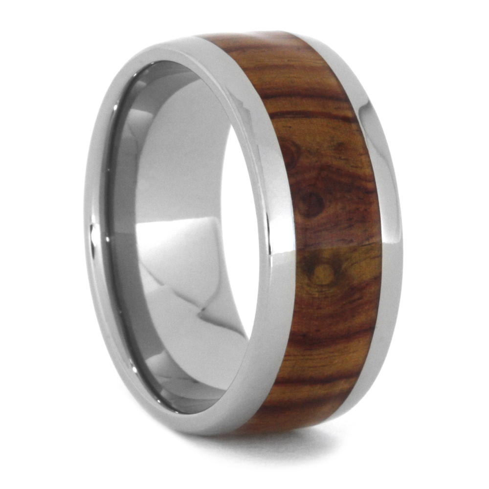 Tulip Wood Inlays 10mm Comfort-Fit Polished Titanium Wedding Band.