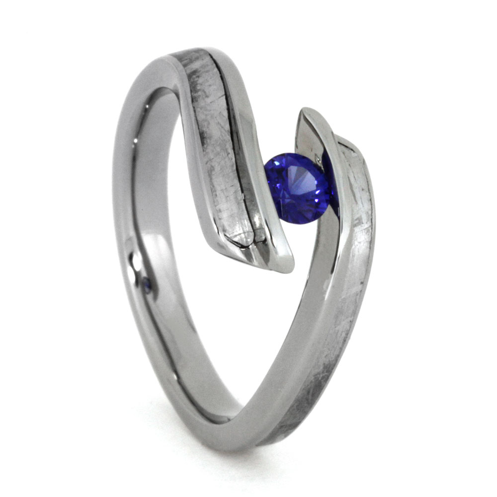 Blue Sapphire with Meteorite Partial Inlays 9.5mm Comfort-Fit Titanium Wedding Ring.