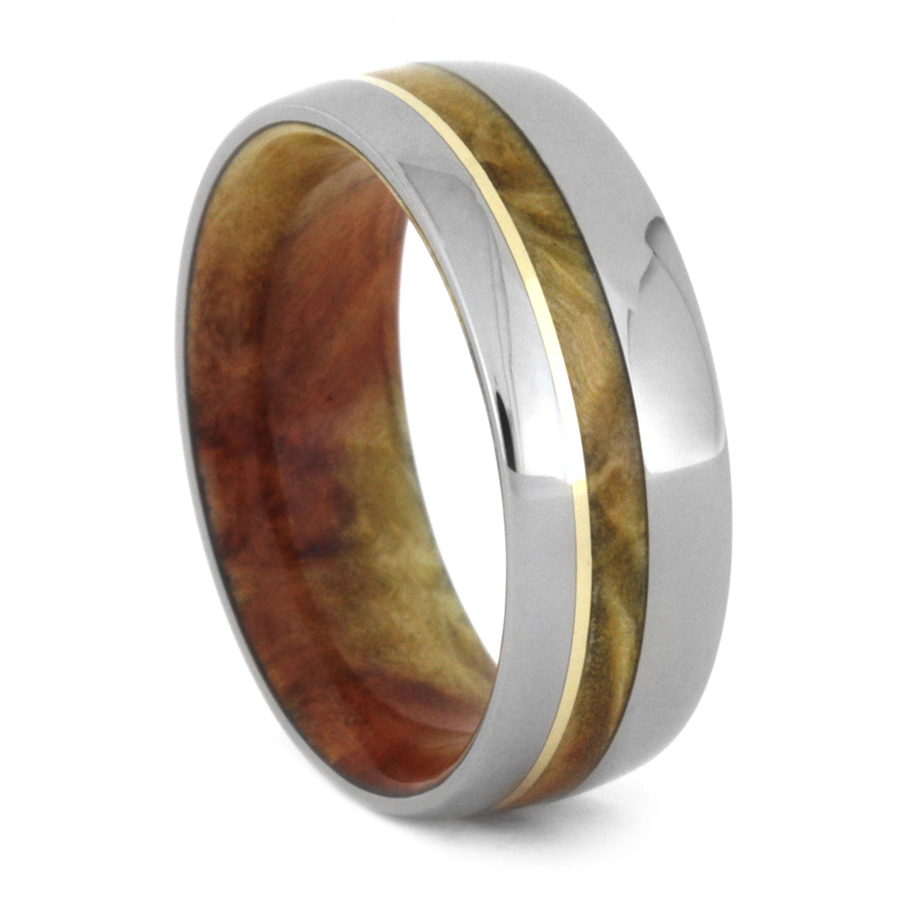 Flame Box Elder Burl Inlay with 14k Yellow Gold 8mm Polished Comfort-Fit Titanium Wedding Ring. 