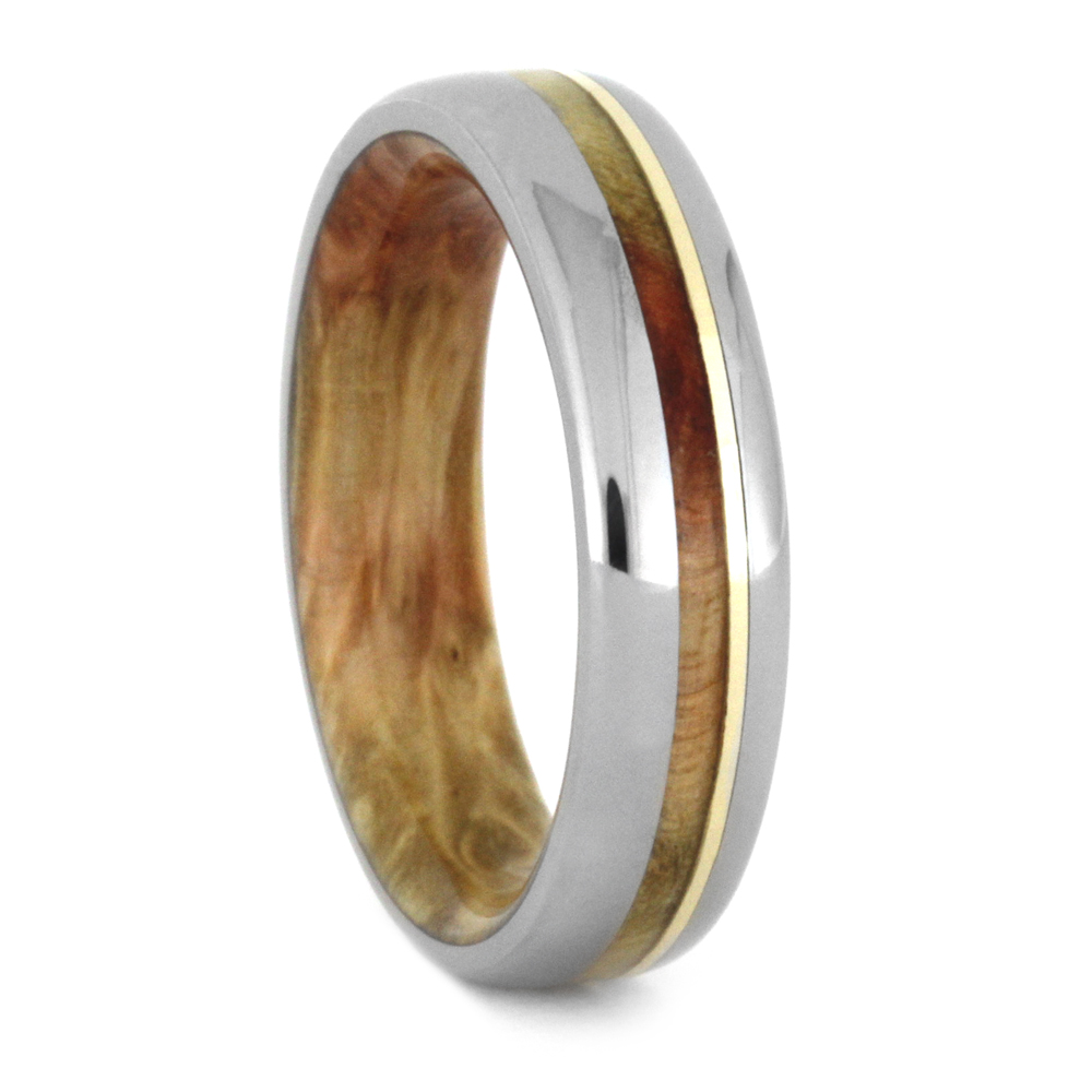 Flame Box Elder Burl Inlay with 14k Yellow Gold 5mm Polished Comfort-Fit Titanium Wedding Ring. 