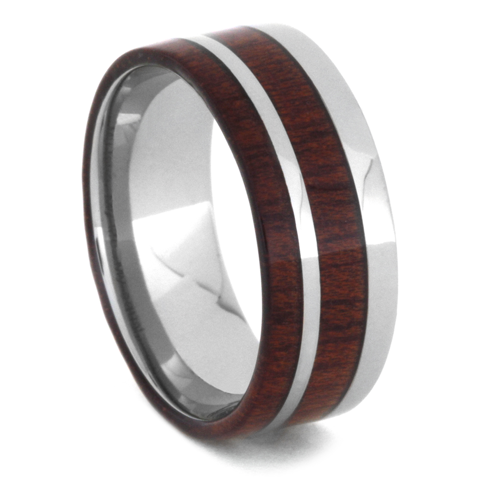 Bloodwood Overlay and Inlay 8mm Polished Comfort-Fit Titanium Wedding Ring.