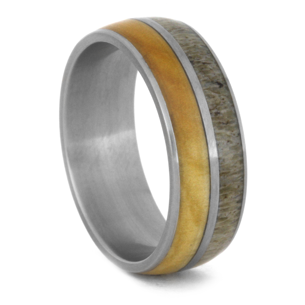 Deer Antler with Birch Wood Overlay 8mm Comfort-Fit Matte Titanium Wedding Band.