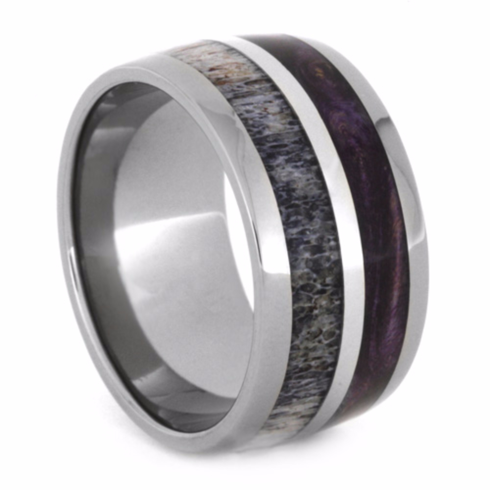 Deer Antler with Purple Wood and White Gold Inlay 10.5 Comfort-Fit Titanium Wedding Band.