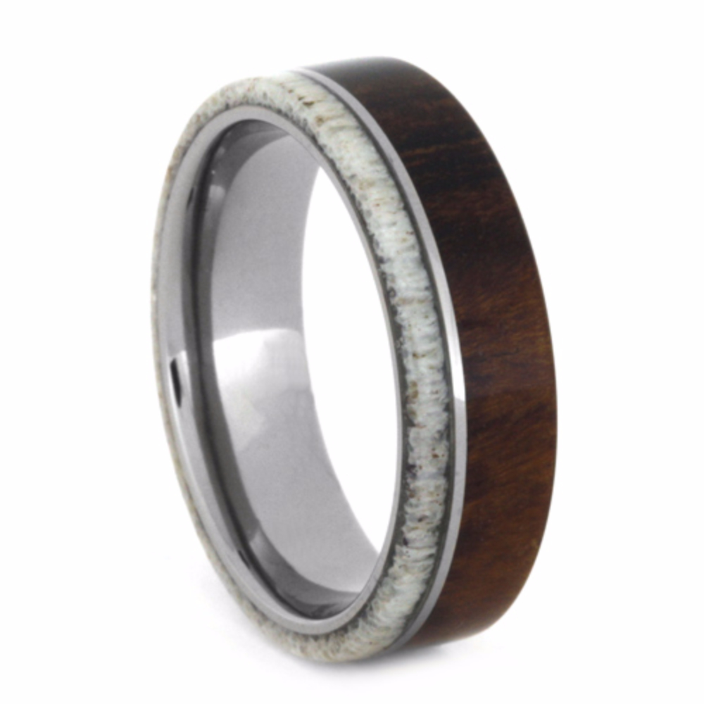 Deer Antler with Ironwood Bur Inlay 6mm Comfort-Fit Titanium Wedding Band.