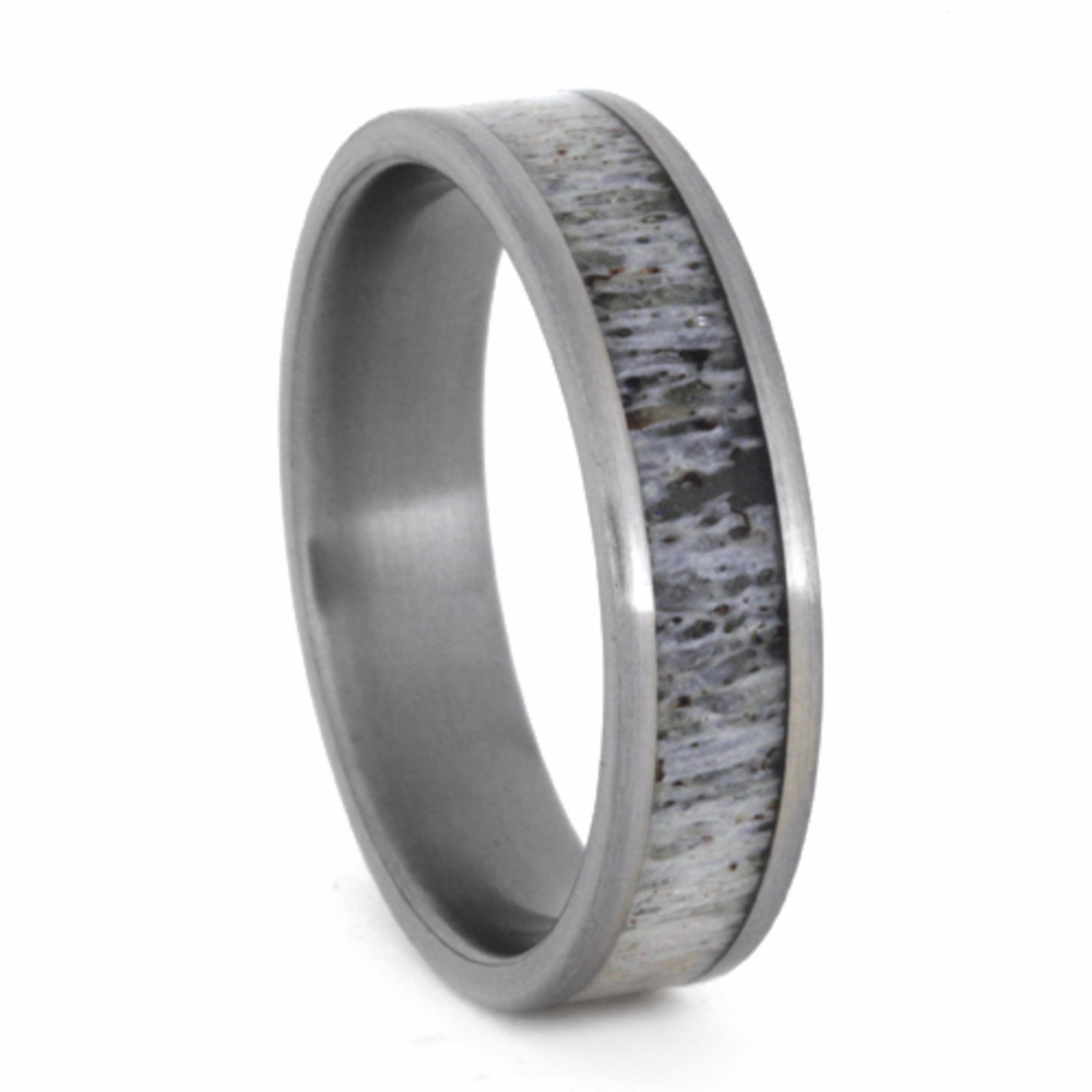 Deer Antler Inlay 6mm Comfort-Fit Brushed Titanium Wedding Band.