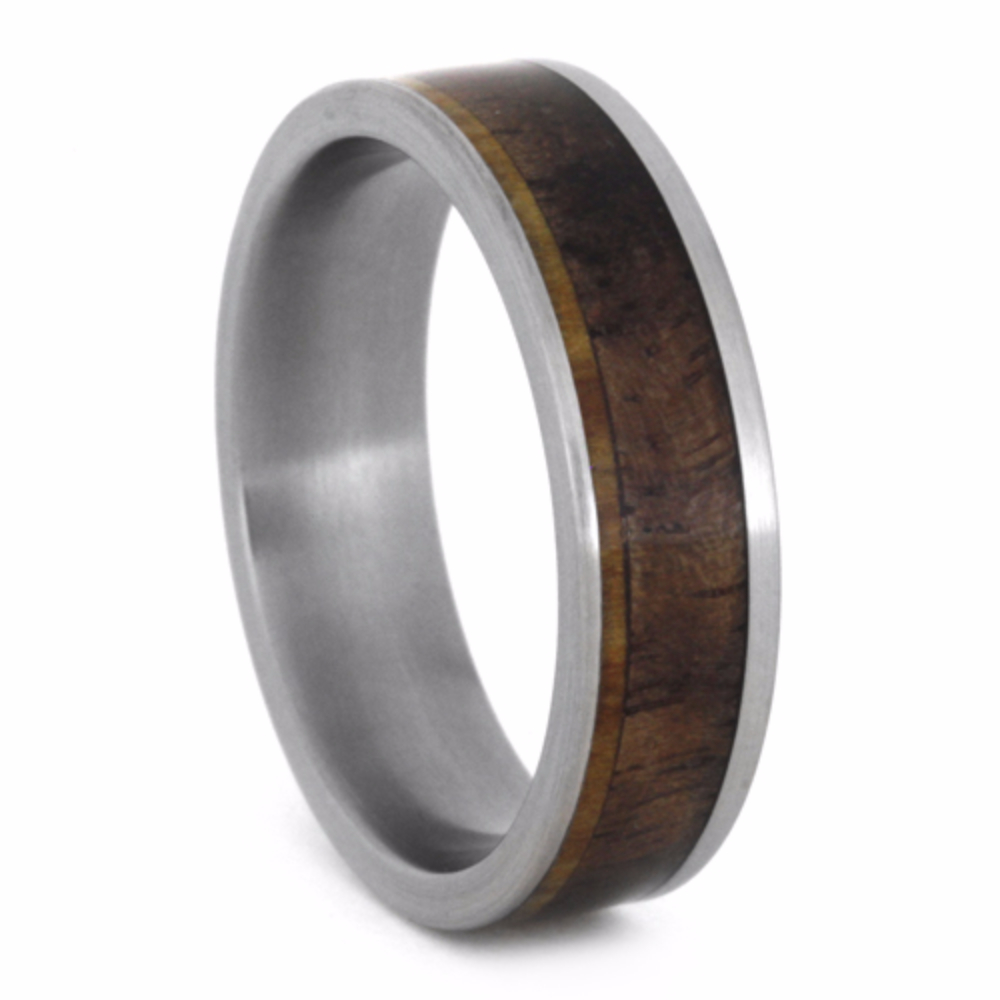 Wood Walnut and Aspen Wood Inlay 6 mm Brushed Comfort-Fit Titanium Wedding Band.