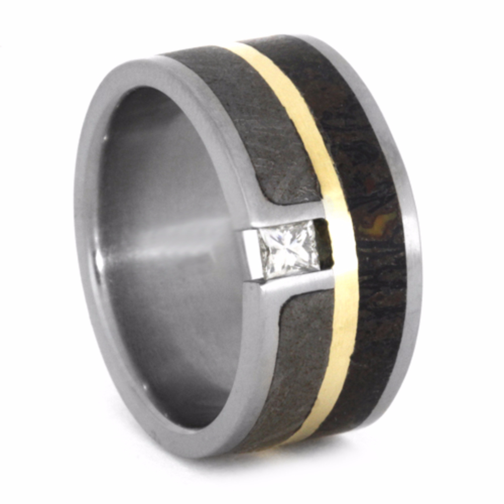 Diamond with Dinosaur Bone, Meteorite and Gold Pinstripe Inlay 9mm Comfort-Fit Titanium Wedding Band.