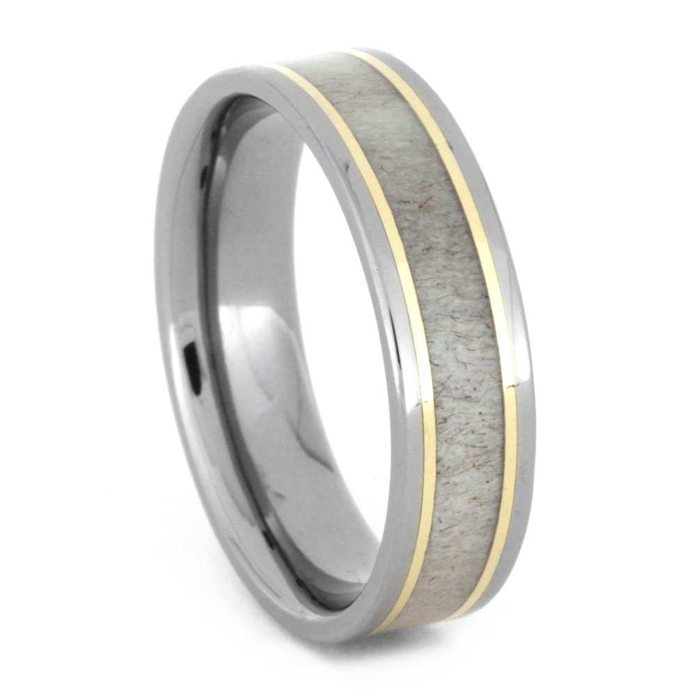 Deer Antler Inlay with Two 14k Yellow Gold Pinstripes 6mm Comfort-Fit Titanium Wedding Band.