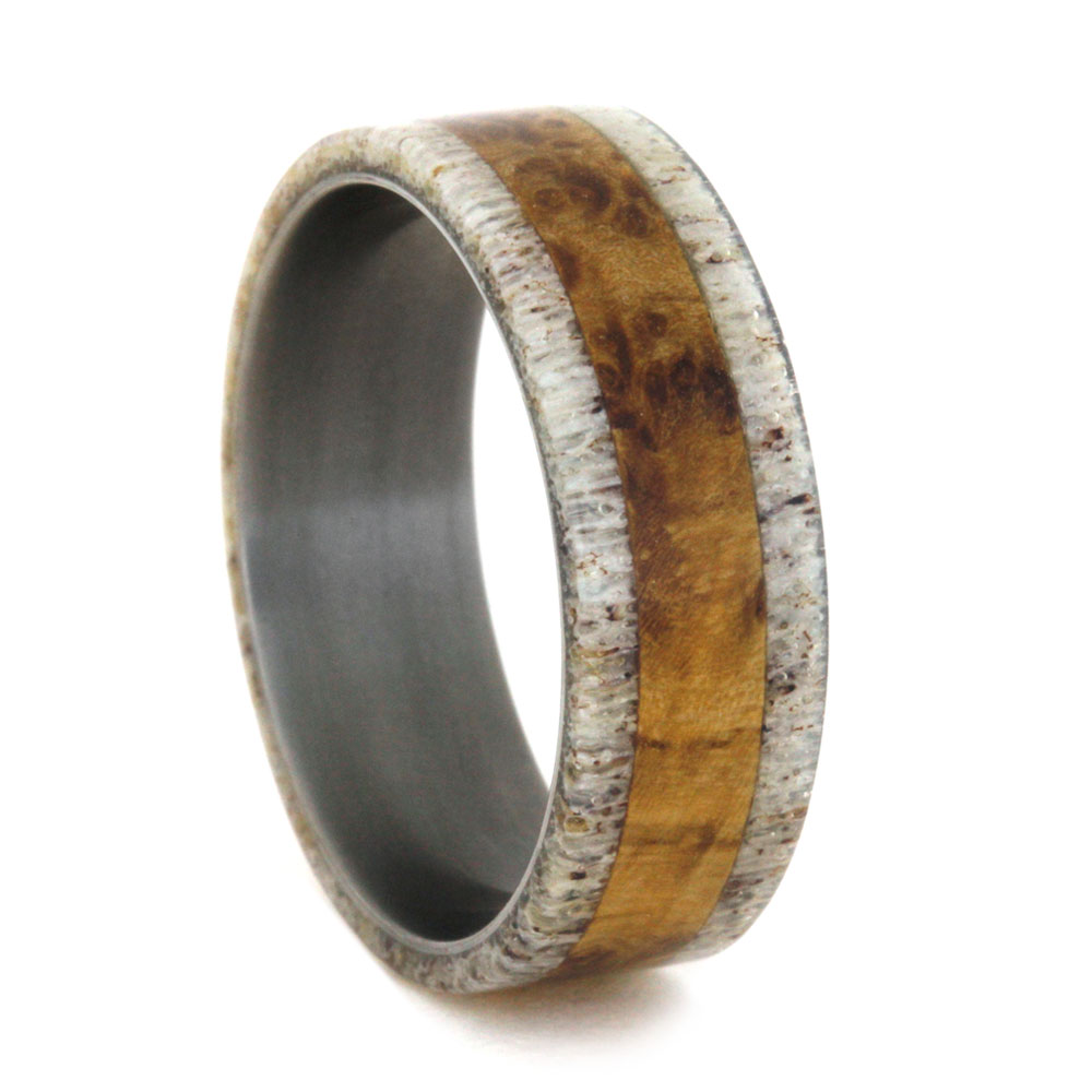 Buckeye Burl with Deer Antler Inlay 8mm Comfort-Fit Matte Titanium Wedding Band.