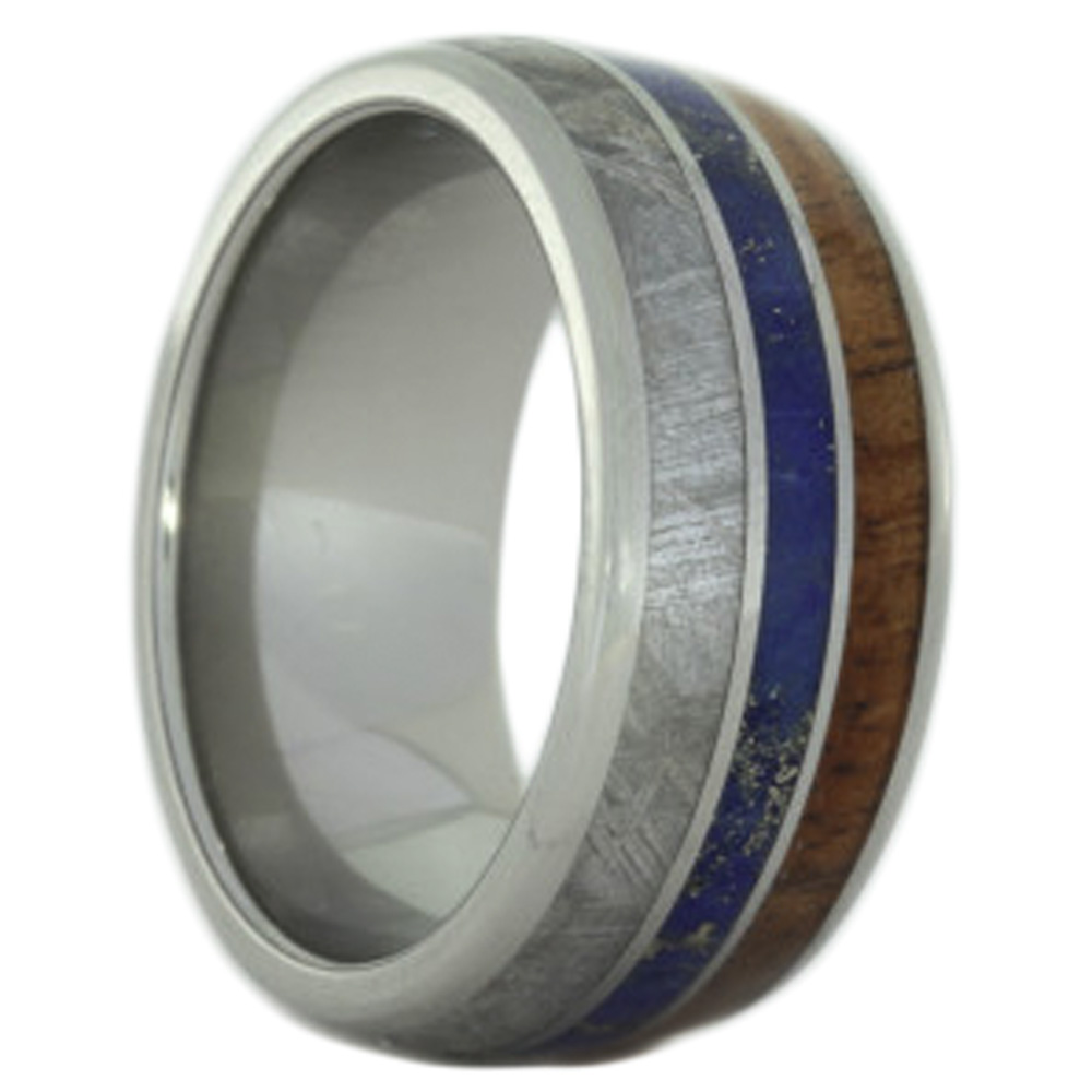 Koa Wood with Meteorite and Lapis Lazuli Inlay 10MM Comfort Fit Titanium Wedding Band.