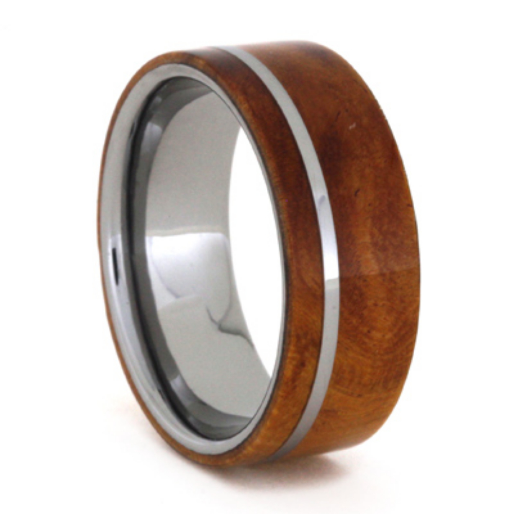 Ironwood Burl Overlay with Tungsten 8mm Comfort-Fit Polished Titanium Wedding Band.