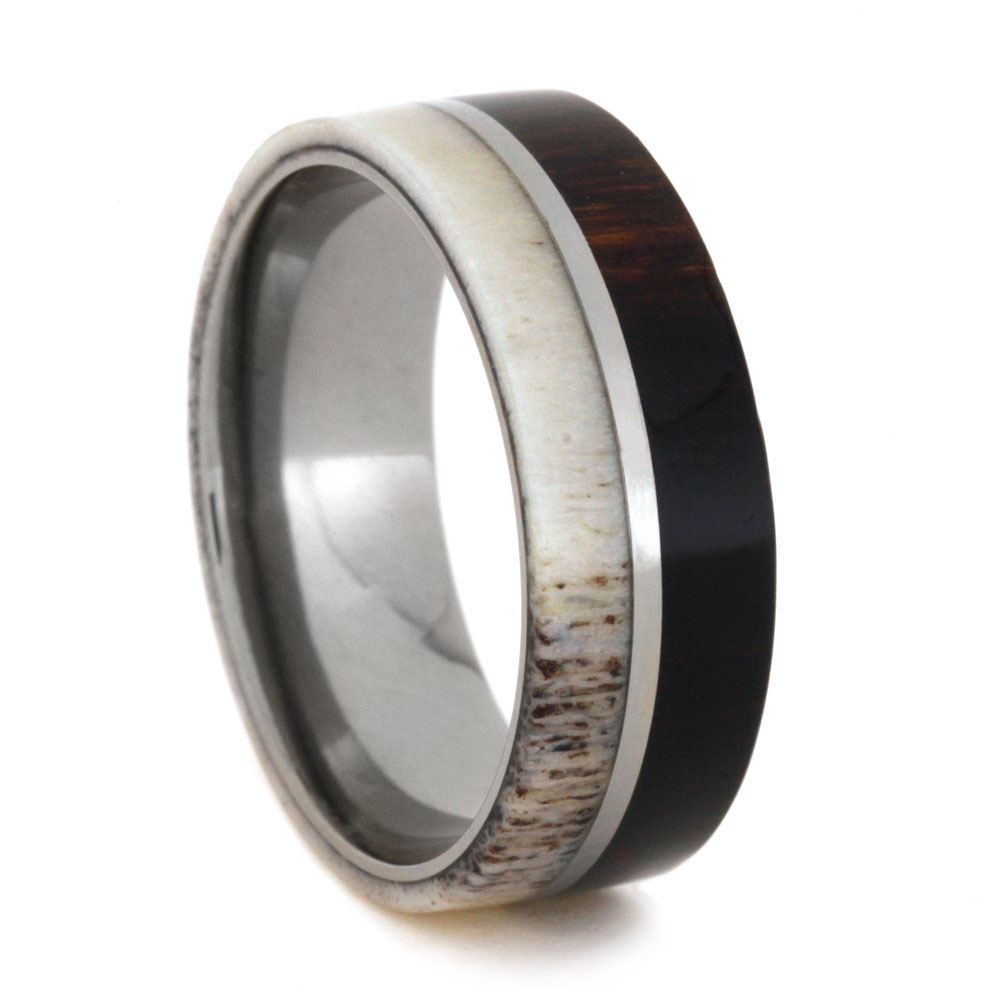  Deer Antler with Ironwood Overlay 8mm Comfort-Fit Polished Titanium Wedding Band.