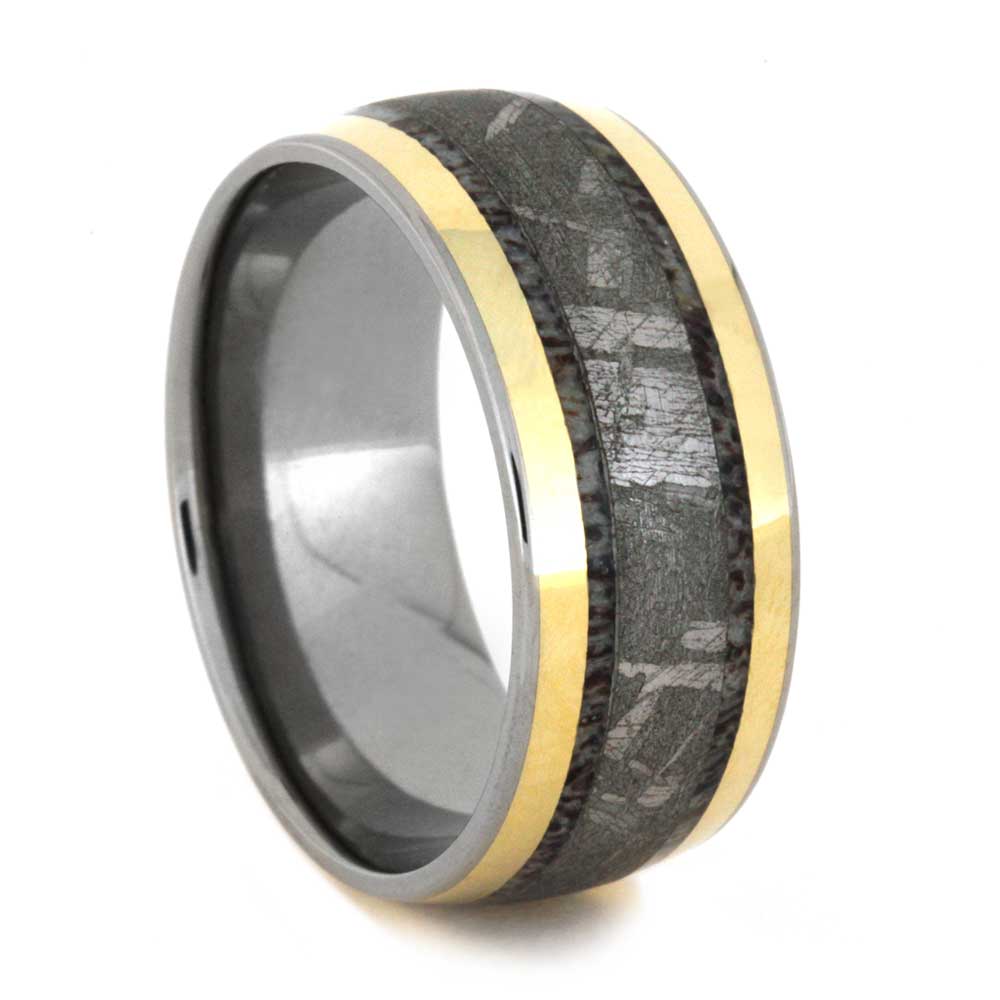 Gibeon Meteorite with Deer Antler Inlay with 18k Yellow Gold 10mm Comfort-Fit Polished Titanium Wedding Band.