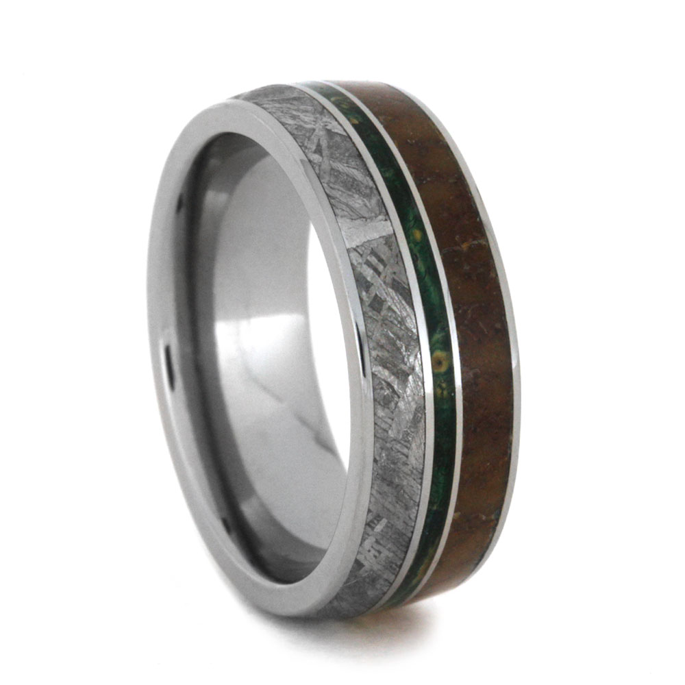 Meteorite and Dinosaur Bone with Green Box Elder Burl Inlay 7mm Comfort-Fit Polished Titanium Wedding Band.