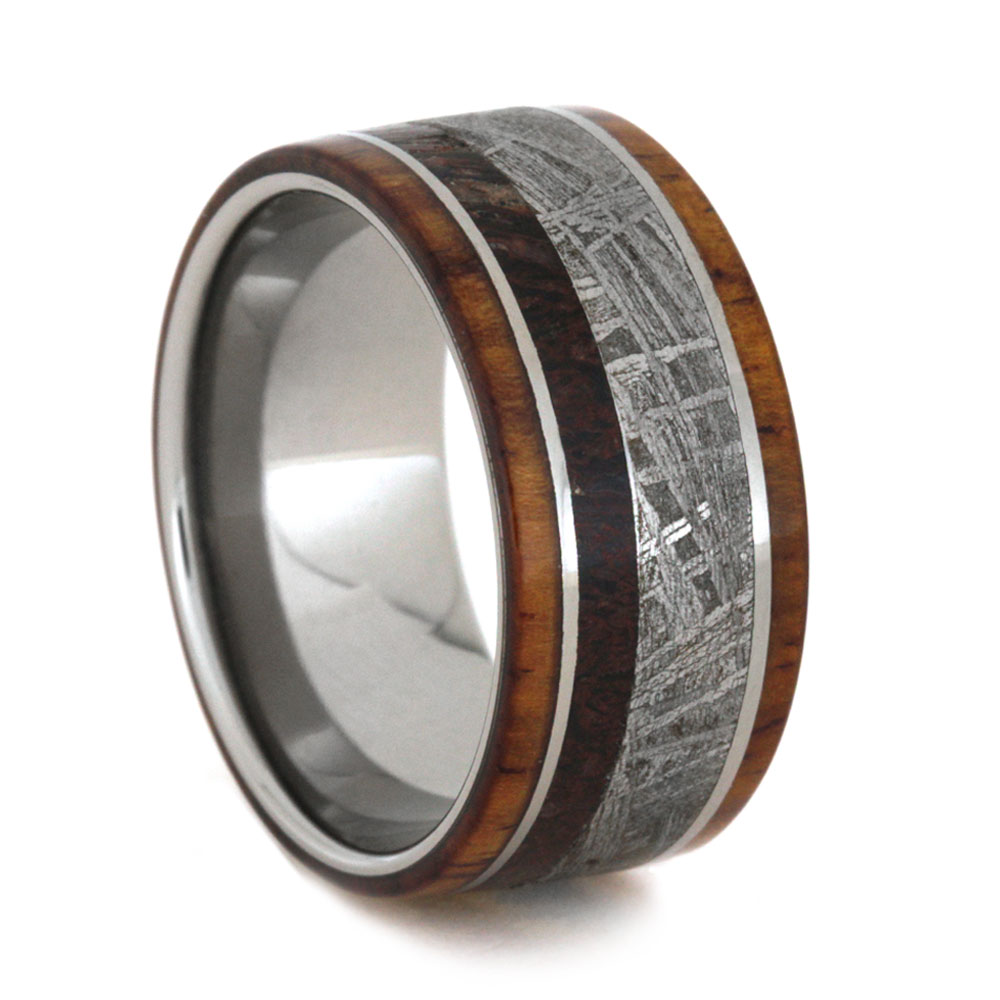 Gibeon Meteorite and Dinosaur Bone Inlay with Honduran Rosewood 10mm Comfort-Fit Polished Titanium Wedding Band.