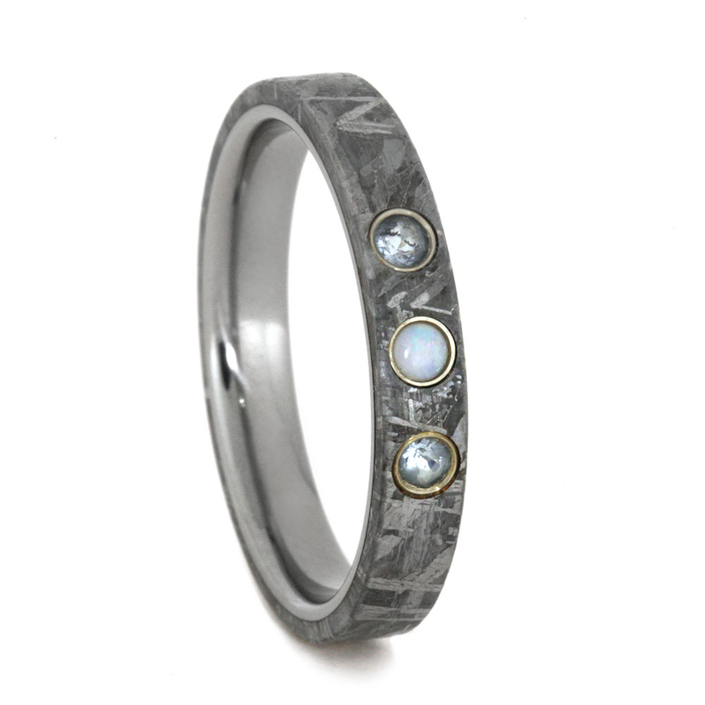 Aquamarine and White Opal with 14k White Gold Bezel Setting and Gibeon Meteorite Overlay 4mm Comfort-Fit Polished Titanium Wedding Band.