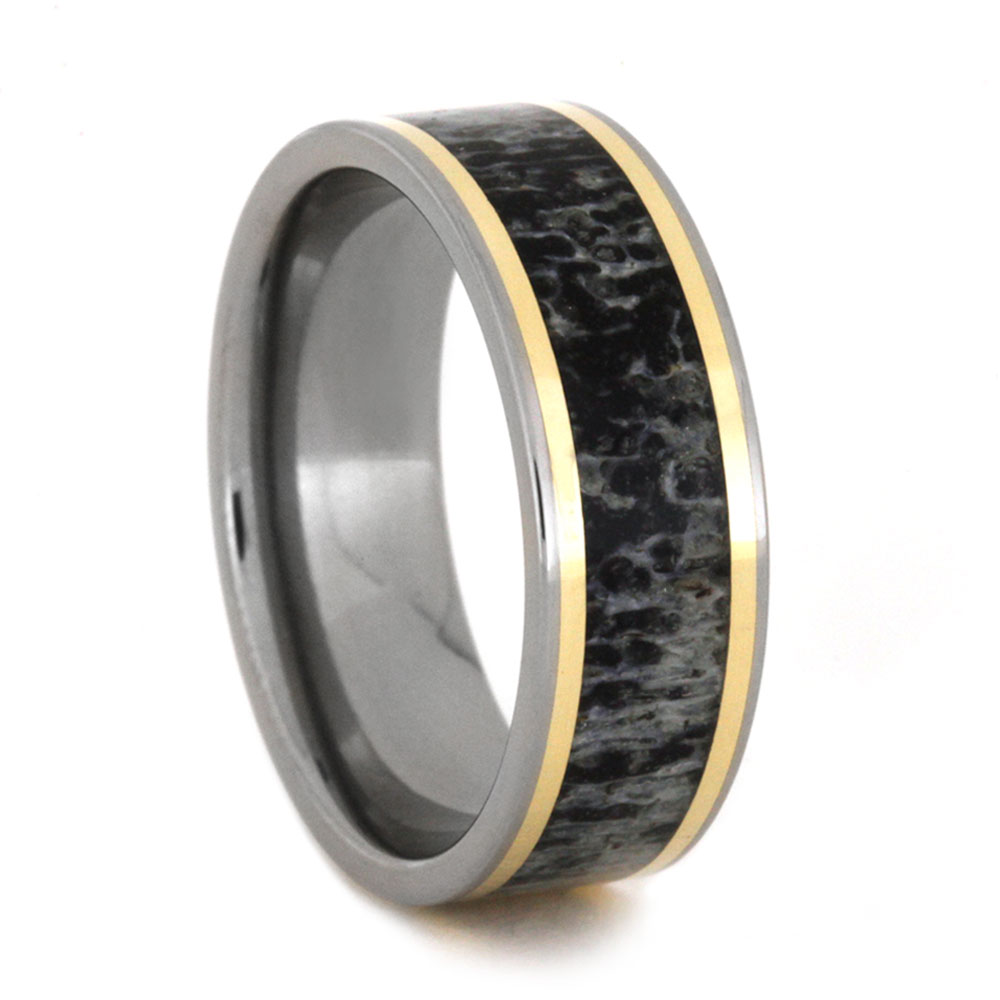 Deer Antler Inlay with 14k Yellow Gold 7mm Comfort-Fit Polished Titanium Wedding Band.