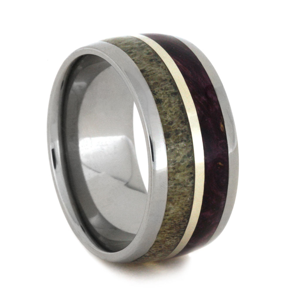 Deer Antler with Purple Box Elder Burl Inlay 10mm Comfort-Fit Polished Titanium Wedding Band.