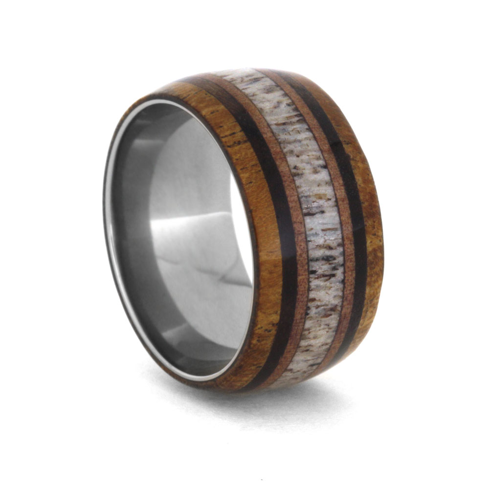 Elk Antler Inlay Cedar Wood and Mesquite Burl with Koa Wood 11mm Comfort-Fit Polished Titanium Wedding Band.