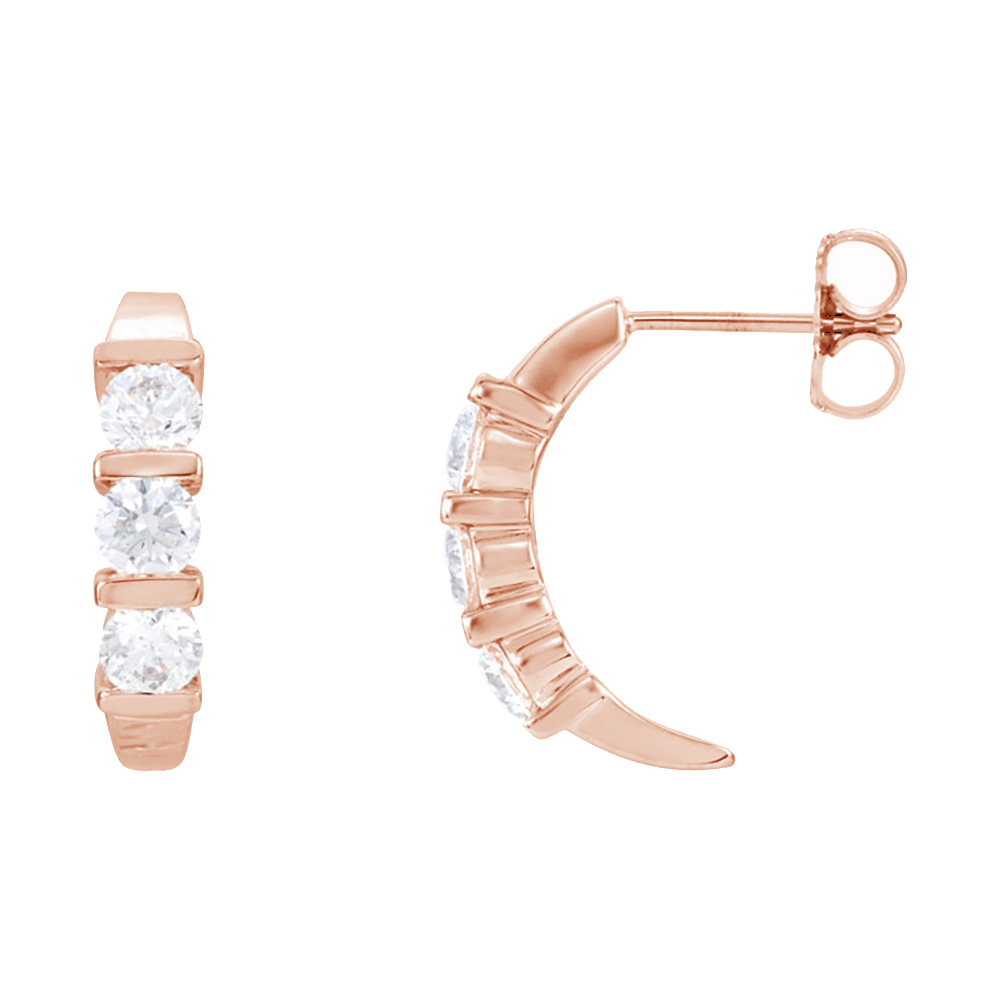 Three Diamond J-Hoop Earrings, 14k Rose Gold (Color GH, Clarity I1).