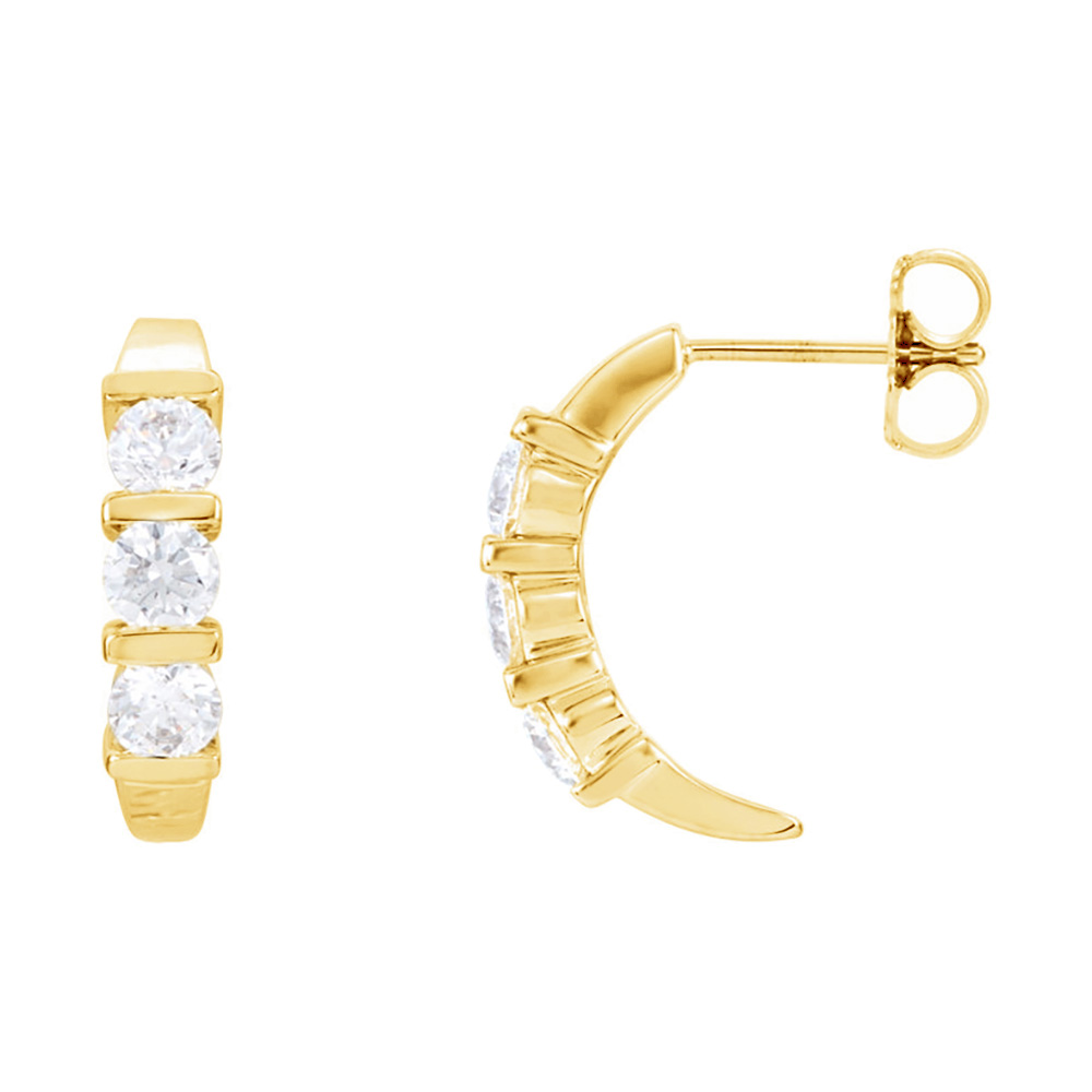 Three Diamond J-Hoop Earrings, 14k Yellow Gold (1/2 Ctw, Color GH, Clarity I1).