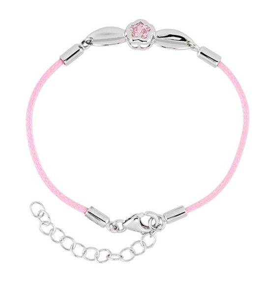 BFlower Rose CZ Rhodium Plated Sterling Silver and Nylon Rope Bracelet, Adjustable 6.5-7.5