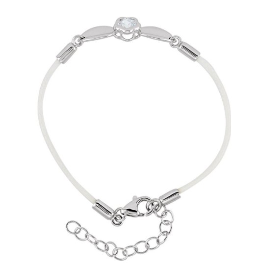 BFlower White CZ Rhodium Plated Sterling Silver and Nylon Rope Bracelet, Adjustable 6.5-7.5