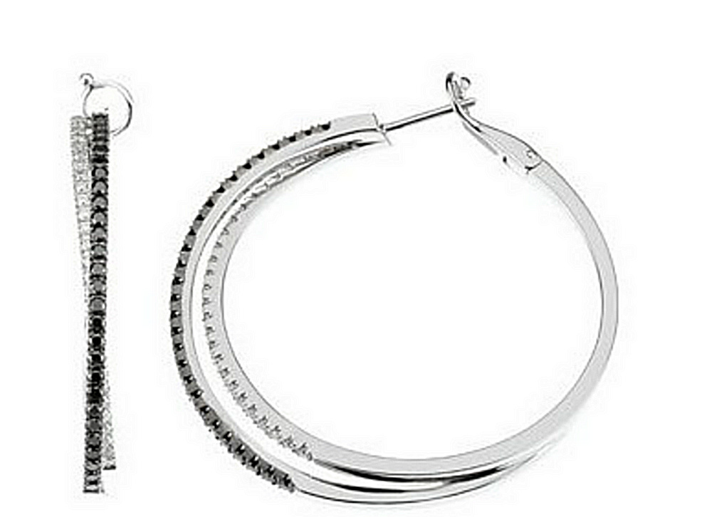 Black and White Diamond Hoop Earrings, 14K White Gold (1 1/2 Ctw,Color H-I, Clarity I1).