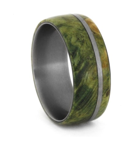 Green Box Elder Burl Wood 8mm Comfort-Fit Matte Titanium Wedding Band. 