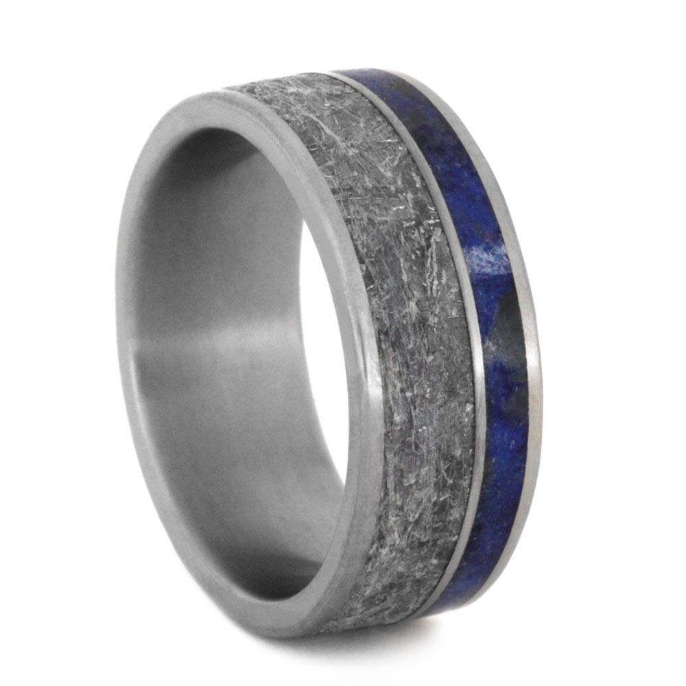 White Sapphire, Gibeon Meteorite, Lapis Lazuli Partial Inlays Ring, Men's Gibeon Meteorite, Lapis Lazuli Titanium Band and His and Her's Wedding Band Set 