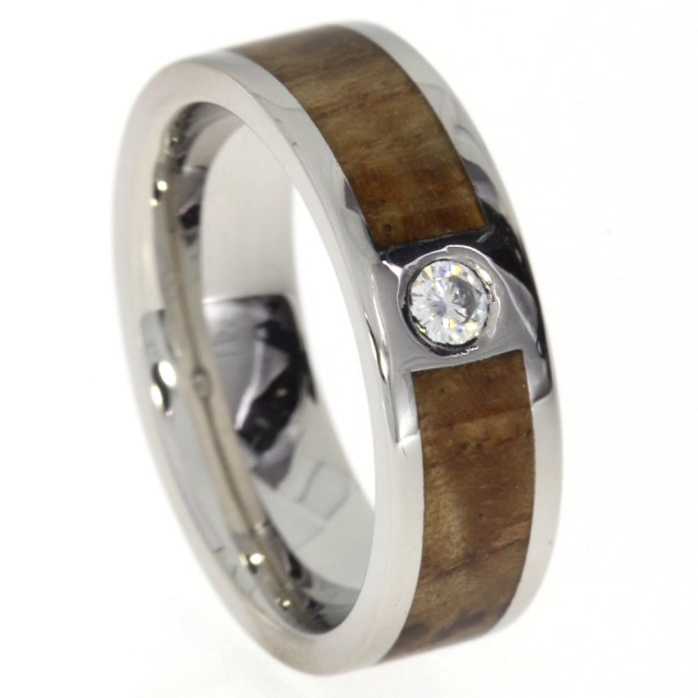 Diamond Solitaire, Black Ash Burl Engagement Ring,, Men's Black Ash Burl Band and His and Hers Titanium Wedding Band Set. 