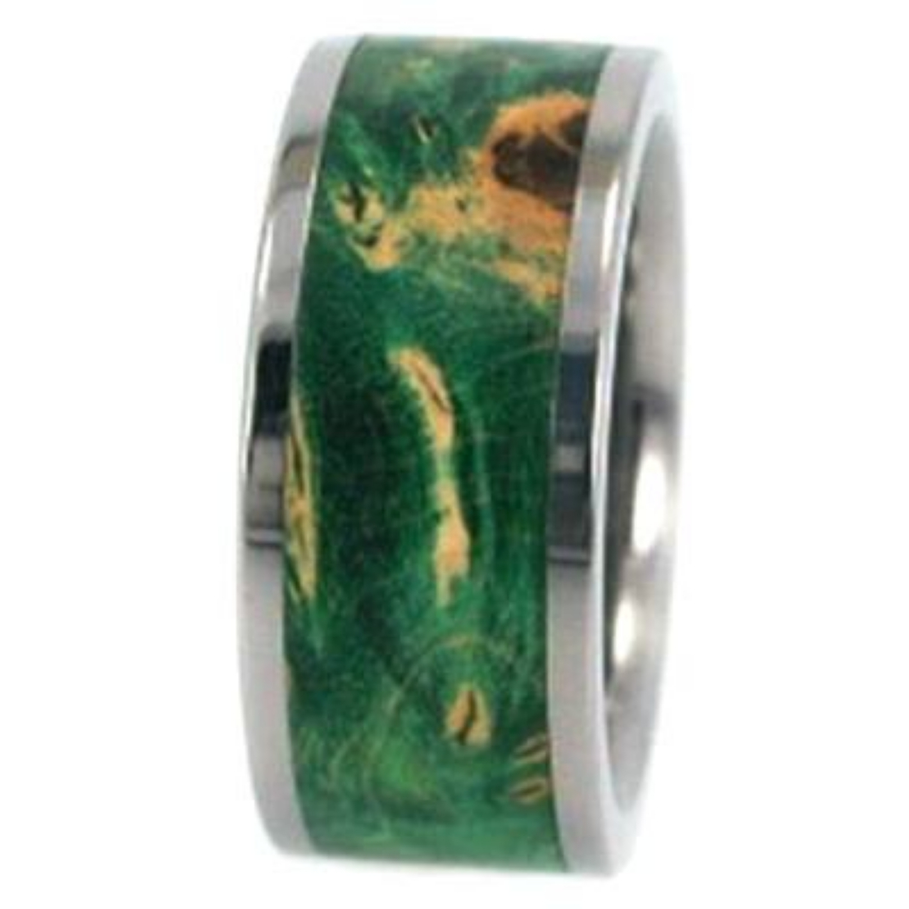 Dark Green Burl Inlay 10mm Comfort Fit Polished Titanium Band. 