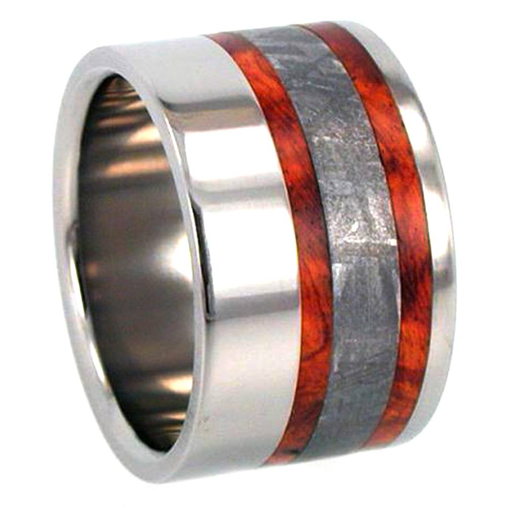 Amboyna Wood ,Meteorite Inlay 11mm Comfort Fit Polished Titanium Band. 