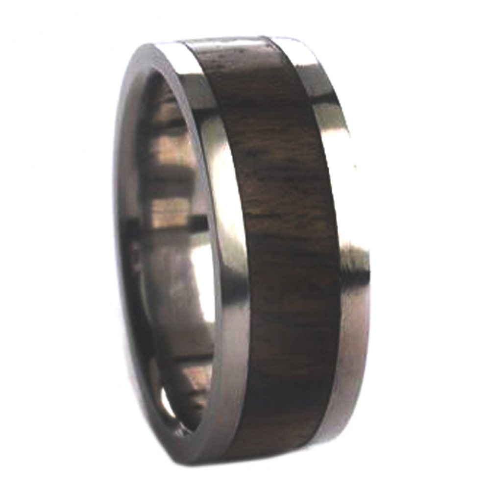 Ziricote Wood Inlay 8mm Comfort Fit Polished Titanium Band. 