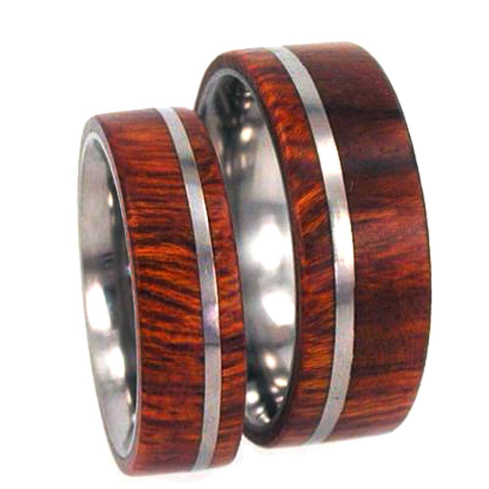 His and Hers Wedding Band Set, Arizona Ironwood Overlay, Titanium Pinstripe Ring.