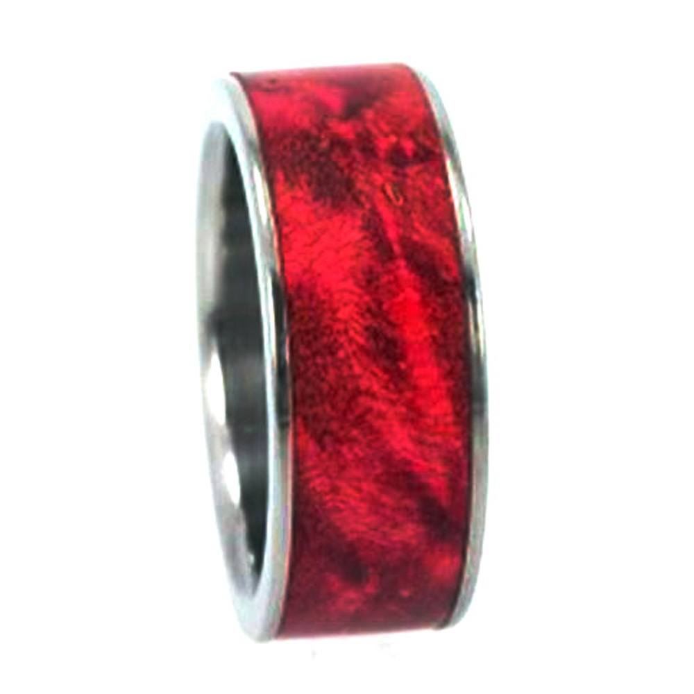 Red Burl Wood Inlay 10mm Comfort Fit Titanium Band. 