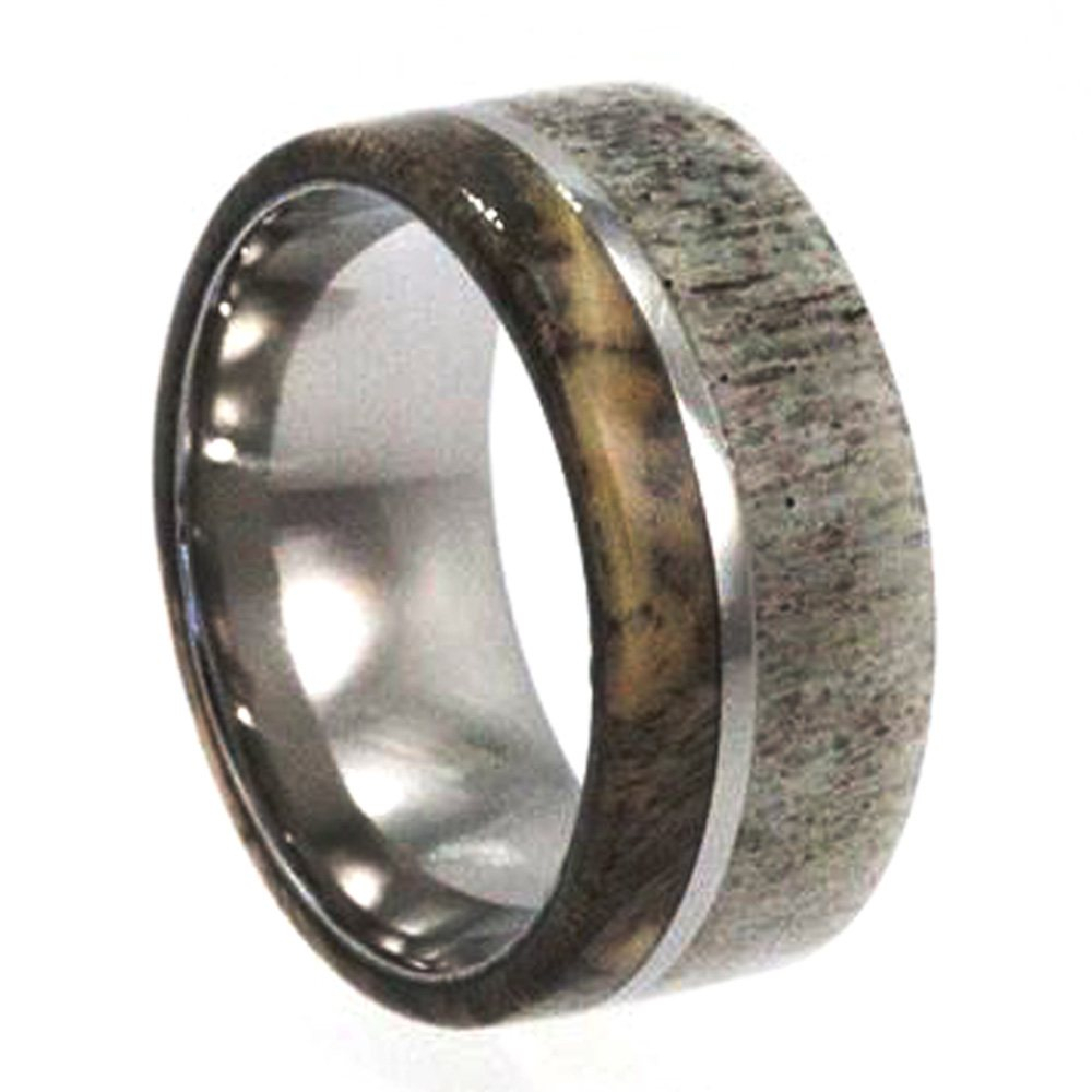 Deer Antler,Buckeye Burl Inlay 10mm Comfort Fit Polished Titanium Wedding Band. 