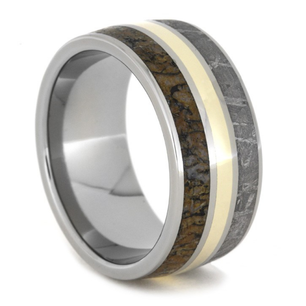 Gibeon Meteorite, Dinosaur Bone,14k Yellow Gold Inlay 11mm Comfort Fit Polished Titanium Band. 