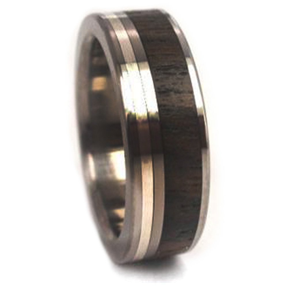 Ziricote Wood ,Sterling Silver Inlay 7mm Comfort Fit Polished Titanium Band. 