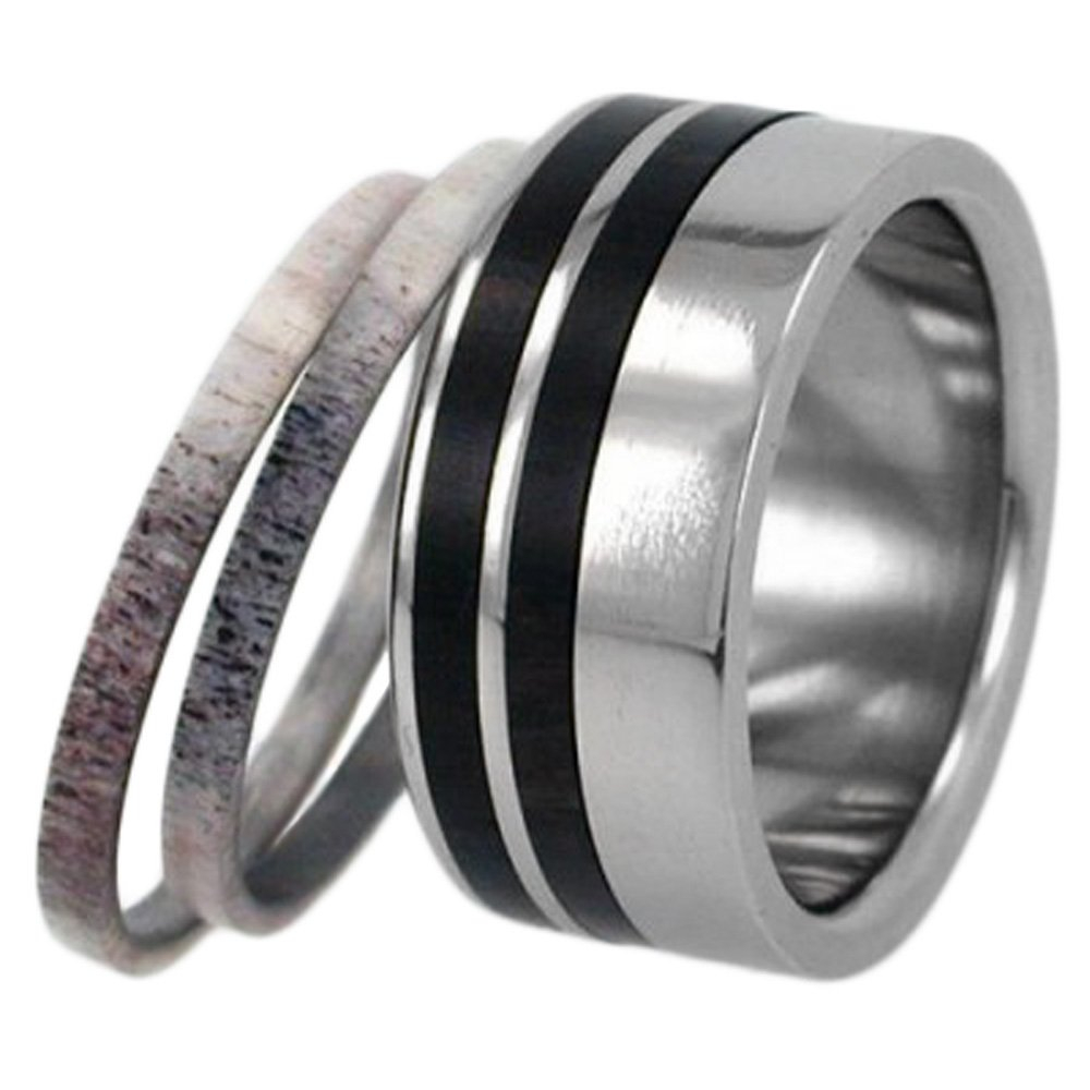 Interchangeable, Deer Antler or Wood stripes Inlay 10mm Comfort-Fit Titanium Ring. 