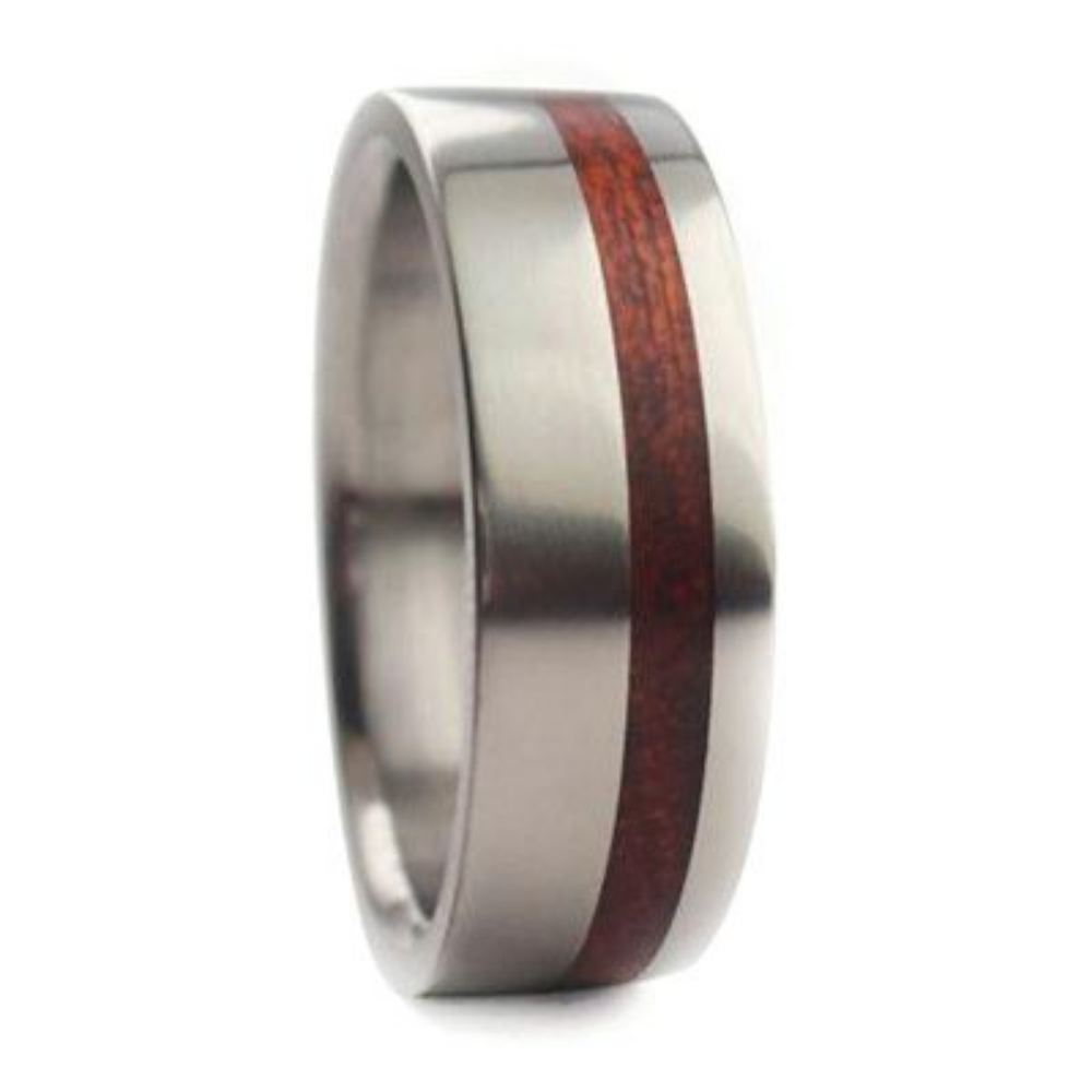 Bloodwood Inlay 8mm Comfort Fit Matte Titanium Band. 