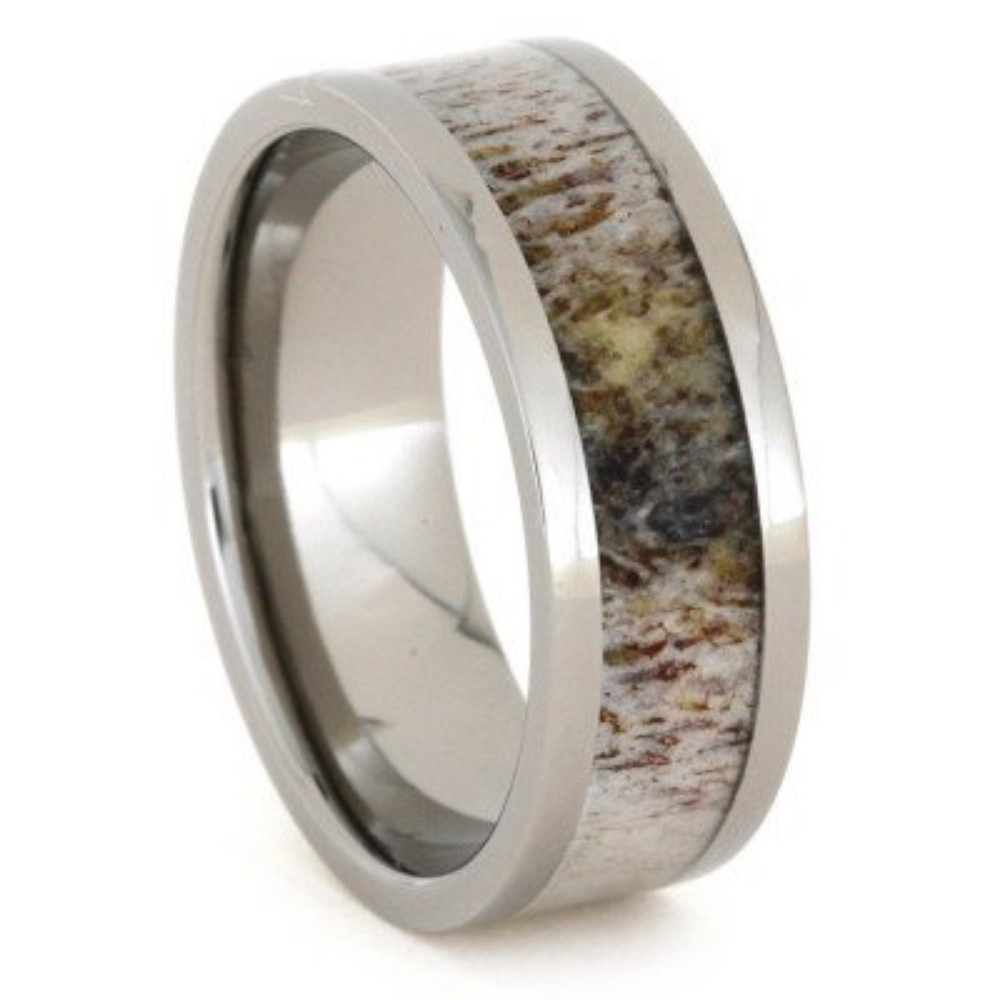 Deer Antler Inlay 8mm Comfort Fit Polished Titanium Band. 