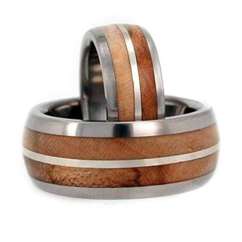 Maple Wood, Sterling Silver Pinstripe and His and Hers Wedding Band Set.