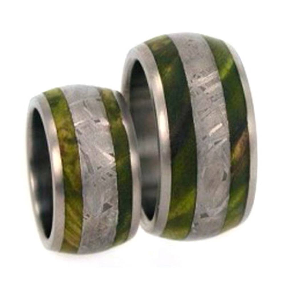 His and Hers Wedding Band Set, Green Box Elder Burl Wood Titanium Ring.