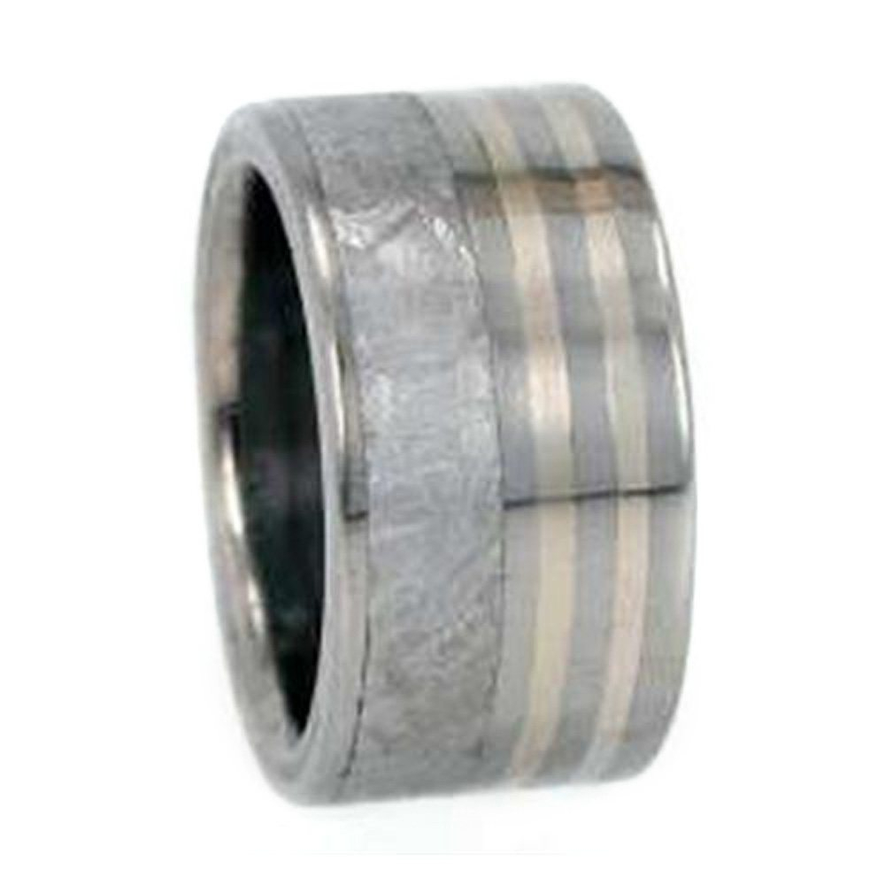 Gibeon Meteorite ,14k White Gold Inlay 10mm Comfort Fit Polished Titanium Band. 