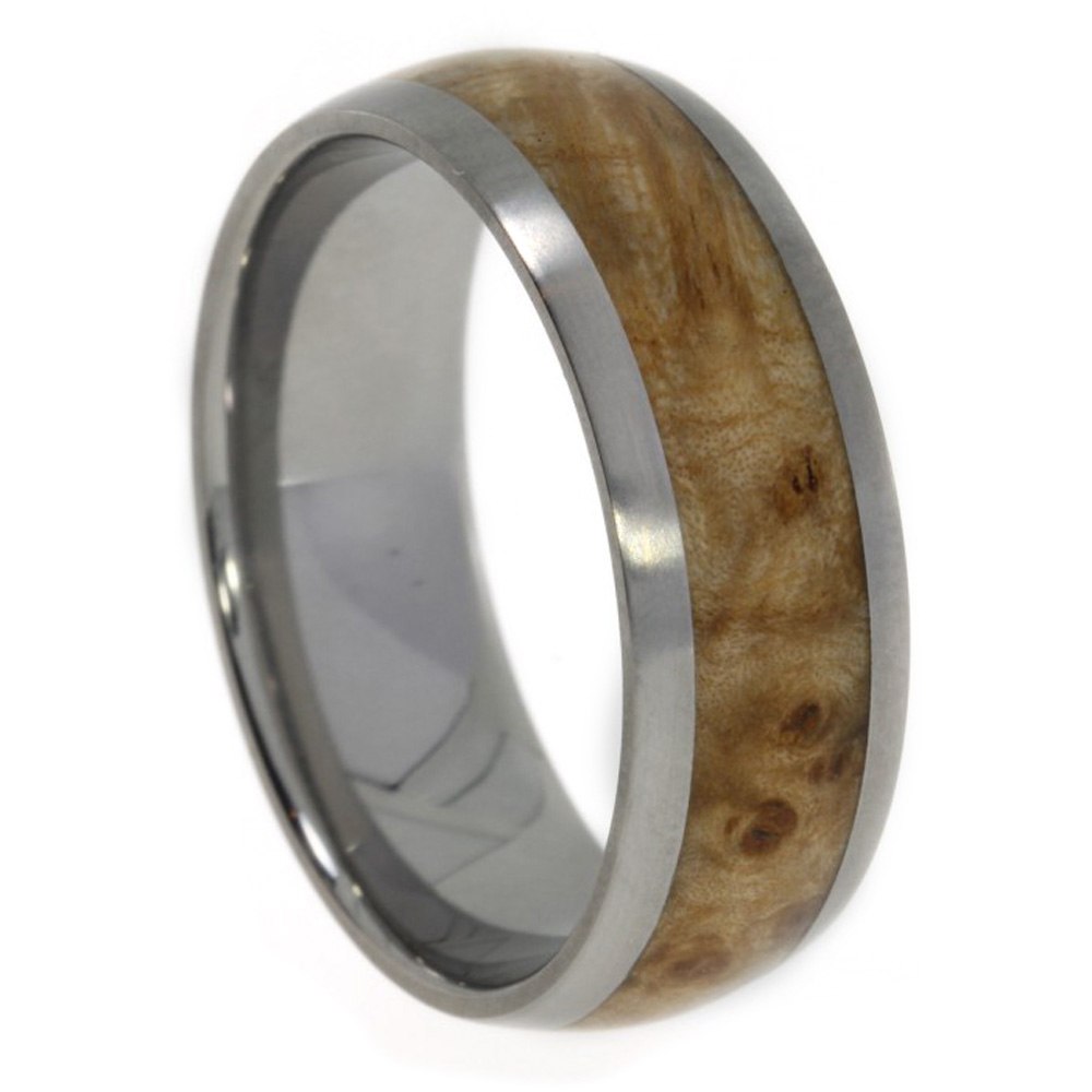 Black Ash Burl Inlay 6mm Comfort Fit Titanium Band. 