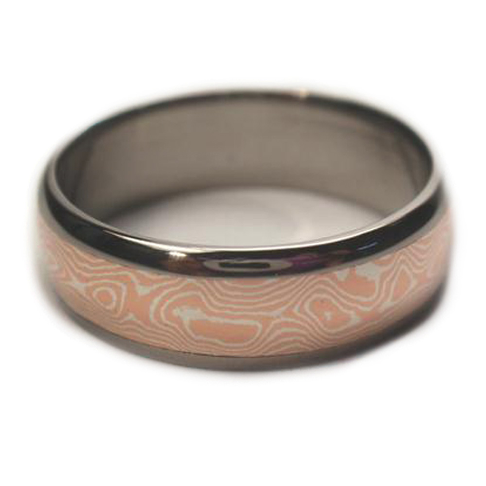 Copper & Silver Mokume Gane Inlay 6mm Comfort Fit Polished Titanium Band. 